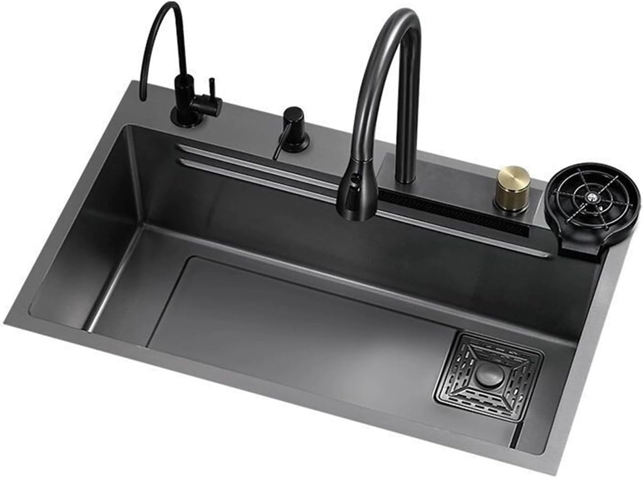 Multifunctional Stainless Steel Kitchen Sink Waterfall Black Handmade Large Single Tank Vegetable Washing Basin