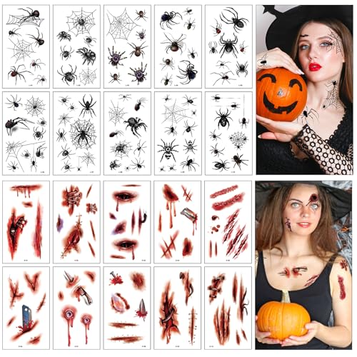 Halloween Temporäre Tattoos, LMSHOWOWO 20 Blätt Spinnen Tattoo Scars Tattoos Gesicht Aufkleber, Realistisch Horror Tattoo Narben, für Halloween Karneval Kostüm Kinder Schminke Accessoires