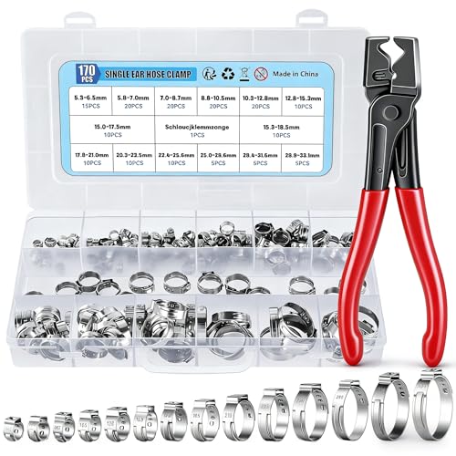 VAYALT 170PCS Einohr-Schlauchschellen Edelstahl mit Schlauchklemmzange 14 Größen 5.3-33.1mmRobuste Rohr-Schlauchschelle Sprengring Set für Kraftstoffleitung Clip Haus Gas Rohr Wasser Rohr