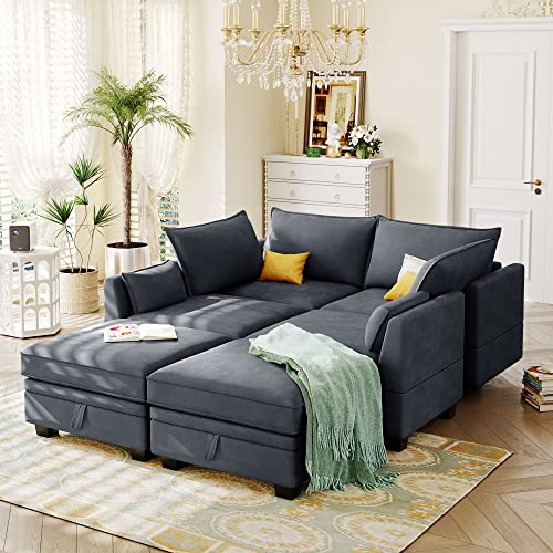 Yunlife&Home 115" U-Shaped Oversized Modular Sectional Sofa,Convertible Sleeper Couch Bed With Reversible Chaise Lounge,Upholstered Tufted Cushion 6-Seat Sofá&Couches For Living Room Furniture Set #TOP6