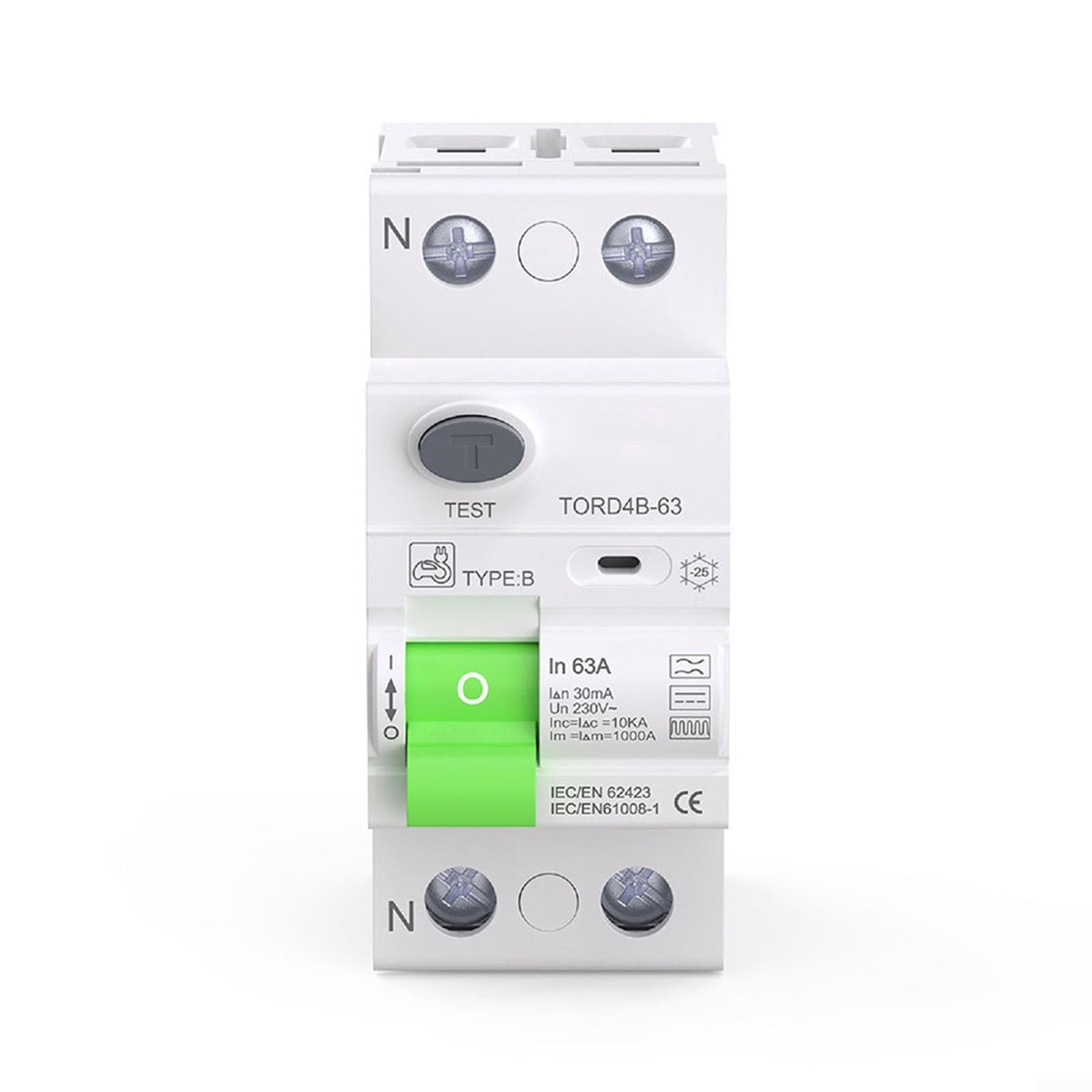 Disjoncteur différentiel de type B 2P 30 mA avec pouvoir de coupure de 10 kA, convient pour les systèmes PV, les points de charge E et les installations UPS, configuration TRD4B-63 2P pour l'industrie