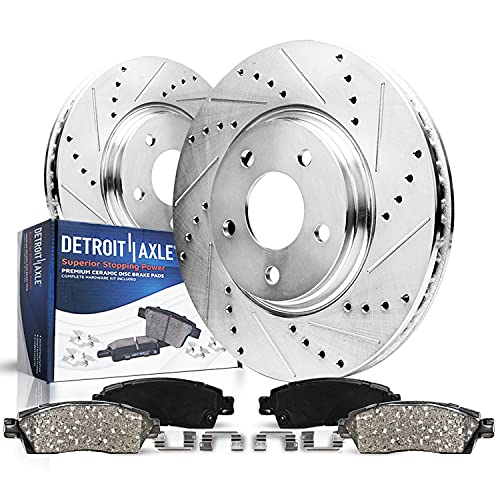 Image of Detroit Axle - Rear Brake Kit for 2005-2023 Chrysler 300 | 09-23 Dodge Challenger 2006-2023 Charger 2005-2008 Magnum, Drilled & Slotted Brake Rotors and Ceramic Brake Pads Replacement