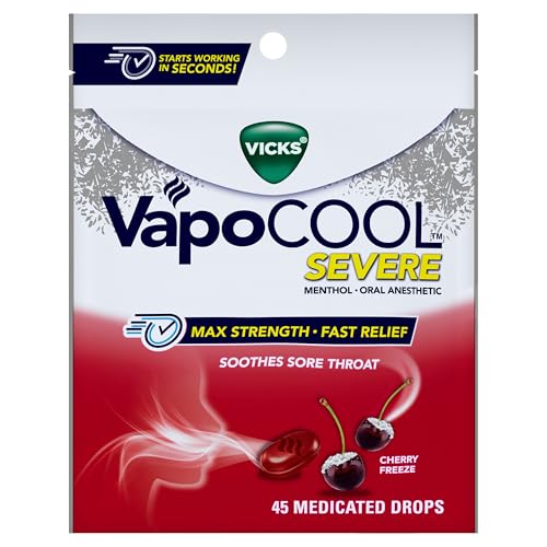 Vicks VapoCool Severe Medicated Sore Throat Drops, Max Strength Menthol, Soothes Sore Throat Pain, Cherry Flavor, 45ct