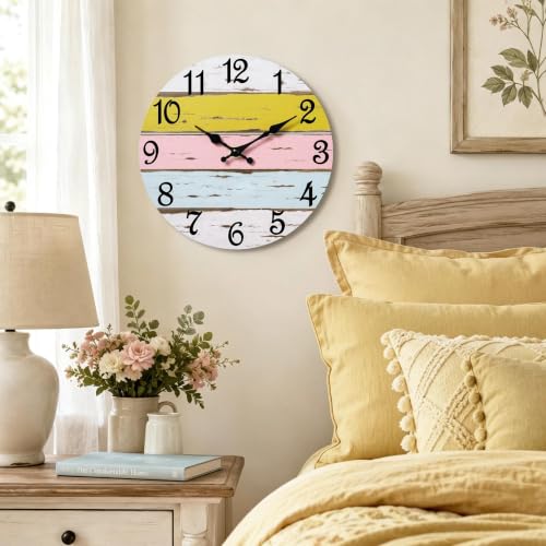 Image of CHYLIN Wall Clock Silent Non-Ticking Battery Operated Pink Yellow Striped