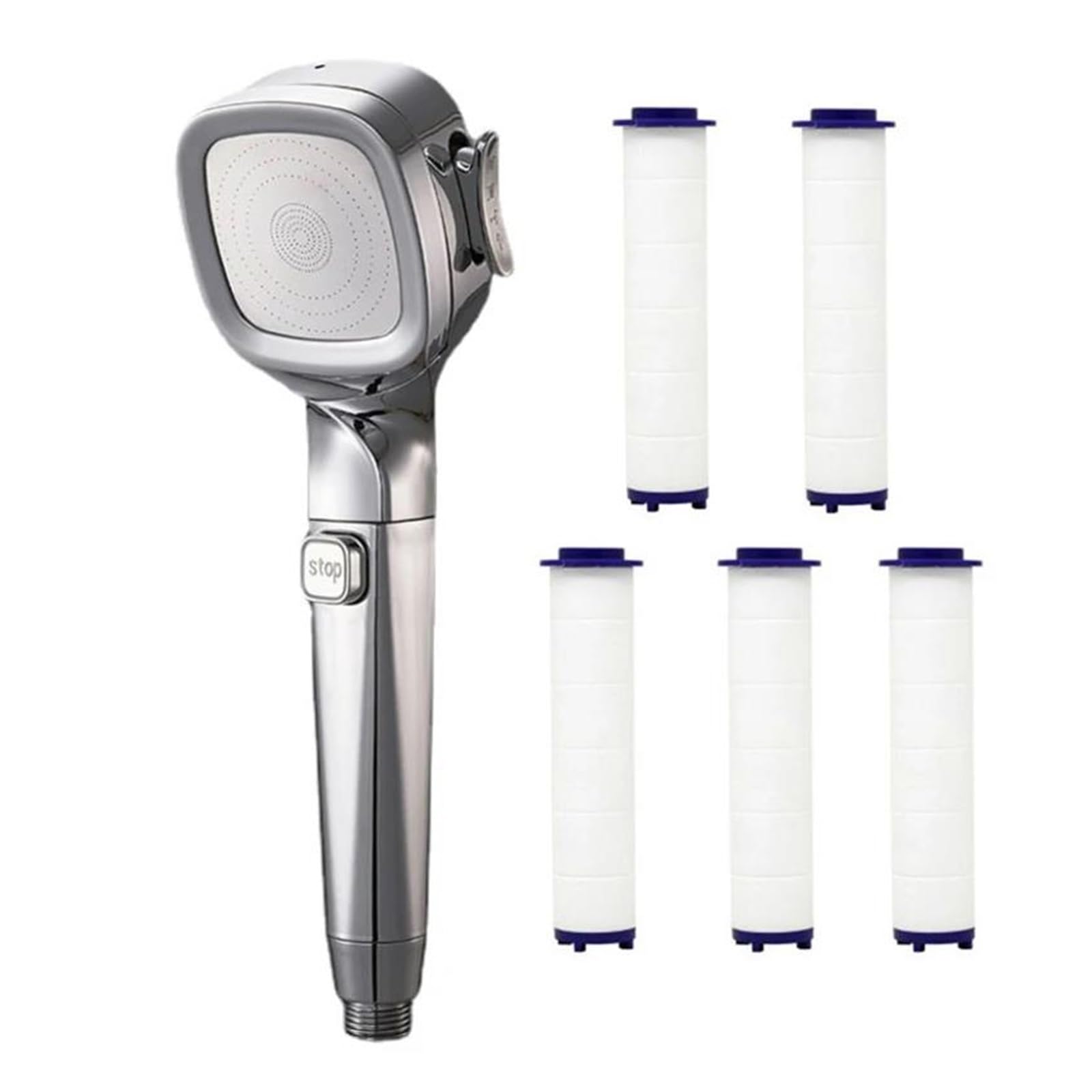 Soffione doccia ad alta pressione con 4 modalità, pulsante di accensione/spegnimento, ugello doccia regolabile, filtro per risparmio idrico(Sliver with 5 filter)