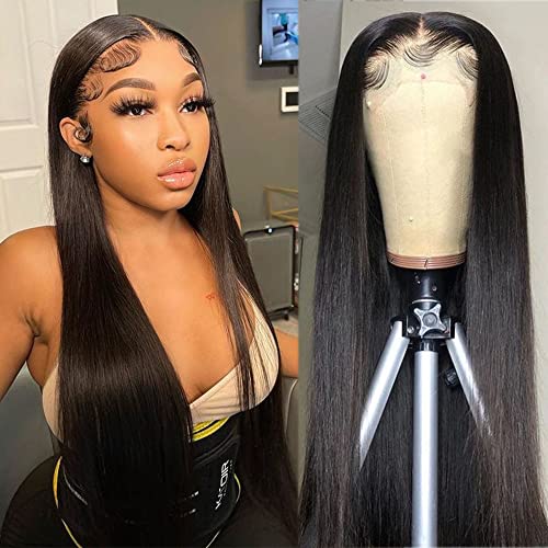 Hibaby Hair Glueless Straight Lace Front Wigs Human Hair Wigs For Black Women Deep Parting Natural Hairline Remy Hair Natural Color Wig Pre Plucked with Baby Hair 20 Inch