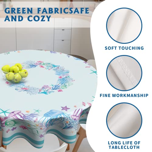 Kwlegh Summer Blue Ocean Beach Theme Round Tablecloth 60 Inch Colorful Starfish Seahorse Table Cloth Stainproof Polyester Party Table Cover Coastal Nautical Tablecloth For Holiday Home Picnic Decor #TOP1