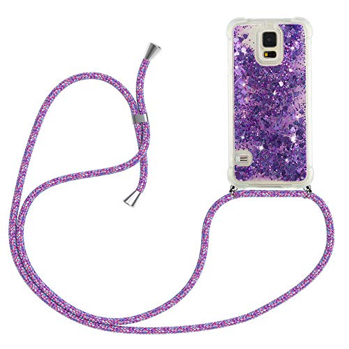 Mkej Glitter liquida Case Colgante movil con Cuerda para Colgar Samsung Galaxy S5 Cuerda Funda con Correa Colgante Carcasa Transparente de TPU Cristal Silicona Bling Carcasa Flor Morada