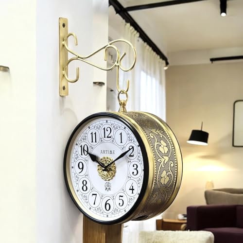 Image of Handcrafted Double Side Metal Analog Vintage Wall Clock | 1.5 Year Machine Warranty | 8 INCHES | 1 Side Number 1 Side Roman,Color Golden