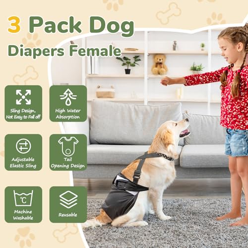 Image of Dog Diapers Female, 3 Pack Puppy Diapers Female, Washable Reusable Dog Diapers with Suspender for Peeing for Small Medium Large Female Dog in Heat Cycle Period Incontinence, Super Absorbent (XL)