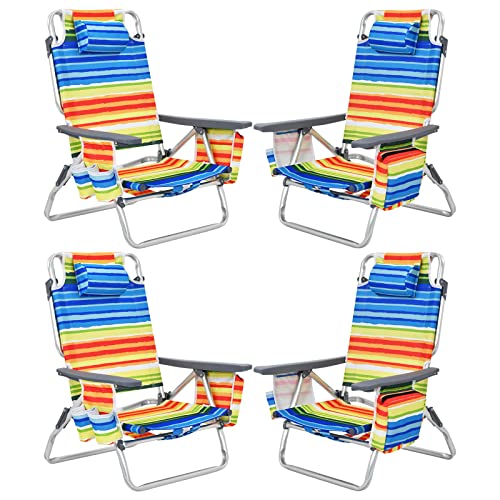 Image of Tangkula Set of 4 Backpack Beach Chair, 5-Position Lay Flat Beach Chairs with Cooler Bag, 2 Cup Holders, Towel Bar, Lightweight Low Folding Beach Chair with Backpack Straps, Yellow