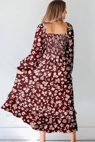 Image of Dokotoo Boho Dresses for Women 2025 Casual Floral Square Neck Long Sleeve Smocked Elastic Waist Tiered Ruffle Hem Maxi Dress