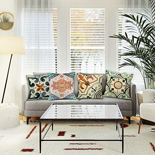 Snycler 2Pcs Pattern Carpet Boho Style Ethnic Design Gold Blue Decoration Farmhouse Décor Cotton Linen Home Decorative Throw Pillow Case Cushion Cover For Sofa Couch, 18"X18" #TOP5