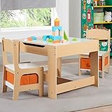 Unique,Sturdy,Smartly Crafted Kids' Wooden Storage Table and Chairs Set,Whiteboard on one Side,Flips Over to Reveal a Chalkboard,Ideal for Classrooms,Art Rooms,Kids Room and Playrooms,Natural