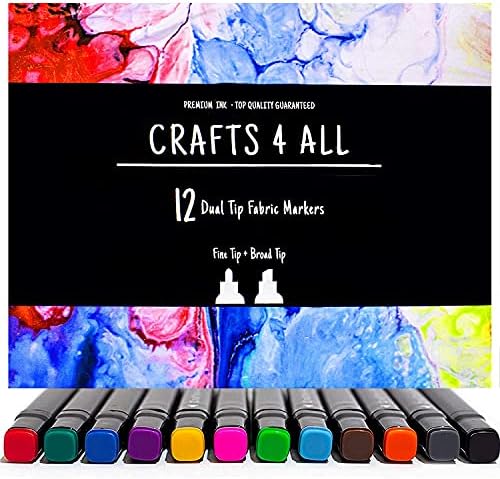 Crafts 4 ALL Fabric Pens - Pack of 12 Permanent, Dual Tip Fabric Markers in Vibrant Colours - Paint Pens for Paper, Bags, Shoes & Clothes