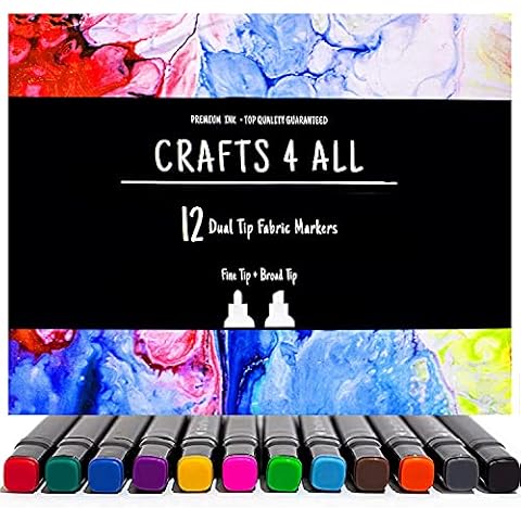 Crafts 4 ALL Fabric Pens - Pack of 12 Permanent, Dual Tip Fabric Markers in Vibrant Colours - Paint Pens for Paper, Bags, Shoes & Clothes Cover