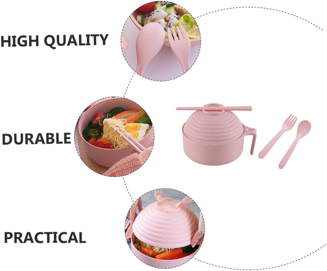Wheat Straw Noodle Bowl Set with Cover, Fork Spoon Chopsticks, Pink image 2
