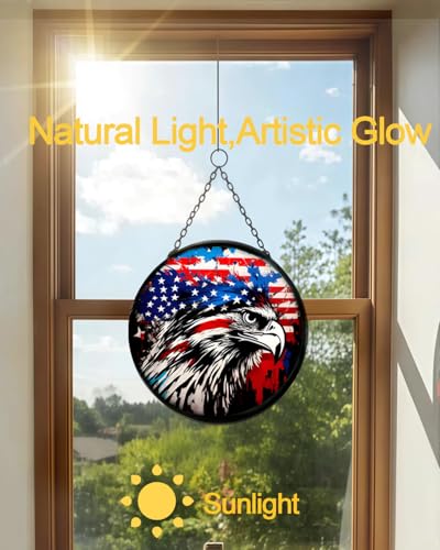 Stained Acrylic Suncatcher Window Hanging : Patriotic Eagle Round Celestial for Home Wall Decor - Gift for Friends and Family — view 4