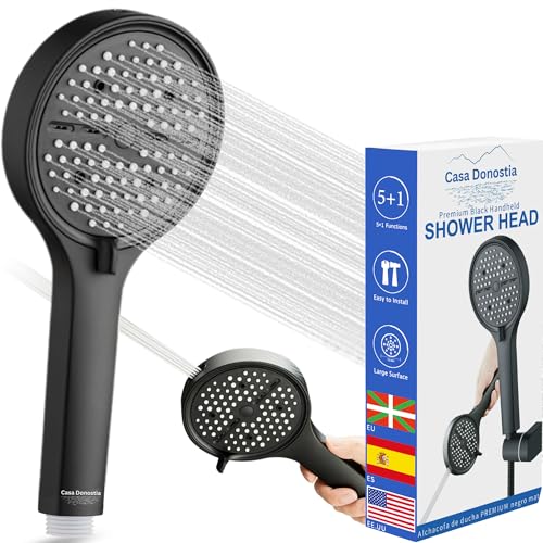 CASA DONOSTIA Alcachofa Ducha Negra | Cabezal de Alta Presión con 6 Modos Antical | Función Pistola para Limpieza de Baños, Mamparas y Paredes | Ducha Potente y Versátil | Grande (ø12,5 cm)