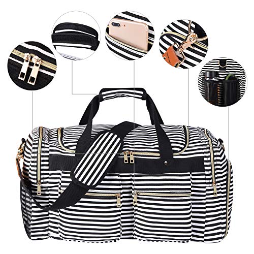Weekender Overnight Duffel Bag Shoe Pocket for Women Men Weekend Travel Tote Carry On Bag (Stripe Black- 0.6cm)