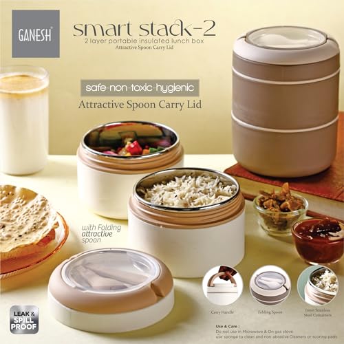 Ganesh Smart Stack 2 Layer Protable Lunch Box Stainless Steel Airtight Leak-Proof Lunch Box for Office, School, Picnic - Brown - 800ml (Image - 7)