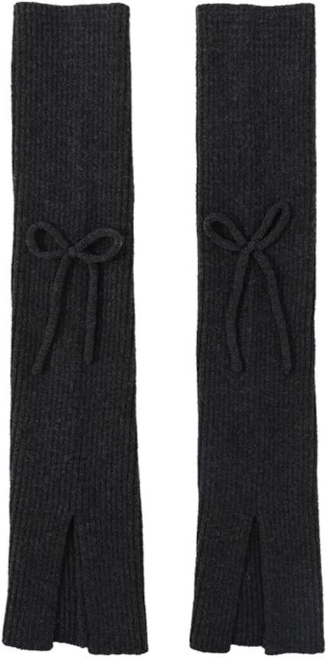 Women Fashion Ribbed Knitted Solid Color Cute Bow Decoration Split Warm Leg Warmers