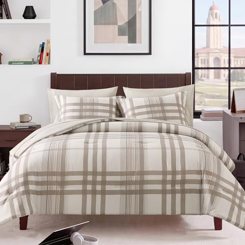 Image of MaiReve Full Size Comforter Set Brown Grey, Classic Plaid Farmhouse Bedding Sets 7 Pieces, All Season Lightweight Bed in a Bag with Sheets, Pillowcases & Shams