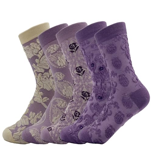 Image of 5 Pairs Floral Socks Women Trendy Flower Socks Embroidered Vintage,Girls Cute Sweet Nordic Textured Cotton Socks