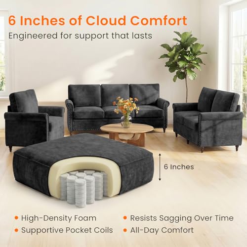 Image of ijuicy 3 PCS Sofa Set, Modern Chenille Living Room Couch Set, Black | Upholstered Sofa, Loveseat and Chair Living Room Furniture Sets with 6 inch Thicken Cushio, Nailhead Trim
