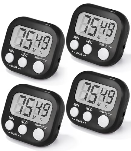 Birshe 4 Piezas Temporizador de Cocina Reloj Negro Temporizador Cocina Digital Timer Cocina con Alarma Fuerte y Pantalla LCD Grande Respaldo Magnético Soporte Plegable para Estudiar Trabajar Cocina