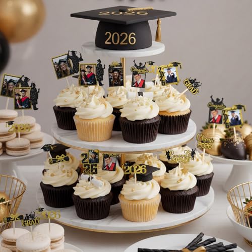 Wenqik 36 Pcs Personalized Class of 2026 Graduation Cupcake Toppers Custom Photo Black and Gold Glitter Grad Cap Diploma Cupcake Picks Congrats Grad Cake Decorations for 2026 Graduation Party Supplies