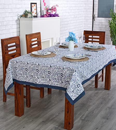 Ridhi -Denim Blue And Baby Blue Cotton Tablecloth, Handblock Print Floral Table Cloth For Kitchen Dining Linen I Thanksgiving, Christmas, Wedding, Fall Décor 10 Seater 80X120 Inches Rectangle #TOP3