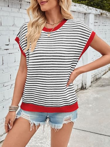 Women's Striped Knit Short Sleeve Sweater Top, Striped Color Matching, Casual Crew Neck Slim Fit4