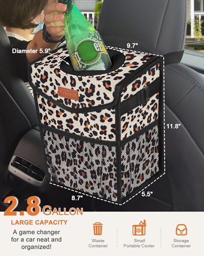 Image of Pritent Car Trash Can with Lid, Cute Leakproof Car Trash Garbage Bag Hanging Vehicle Trash Bin Small Portable Automotive Garbage Cans Organizer for Back /Front Seat /Console(2.8 gal,Leopard