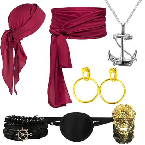 Accesorios de Disfraz de Pirata, Bandana pirata, Colgante de Ancla, Pulsera de Piel, Parche Ocular Pirate, Pendiente Aro Dorado, Anillos Calavera Dorado, Kit Disfraz Pirate para Halloween, Carnaval
