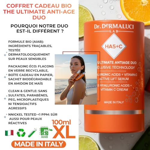 Coffret Cadeau Femme/Homme BIO | Hydrate, Repulpe & Illumine | 5 Acides Hyaluroniques, Hexapeptide & Vitamine C | Serum & Creme Visage (2×100 ML) | Peaux Seches/Matures/Sensibles | AIAB Made in Italy – Image 3