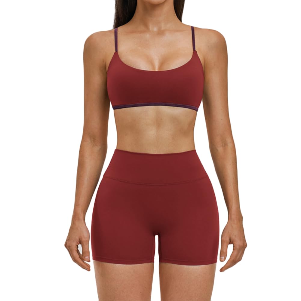 JPXJGT Women's 2 Piece Yoga Set Thin Strap Sports Bra & High Waist Biker Shorts Popular Workout Gym Activewear(Size:XL,Color:Red)