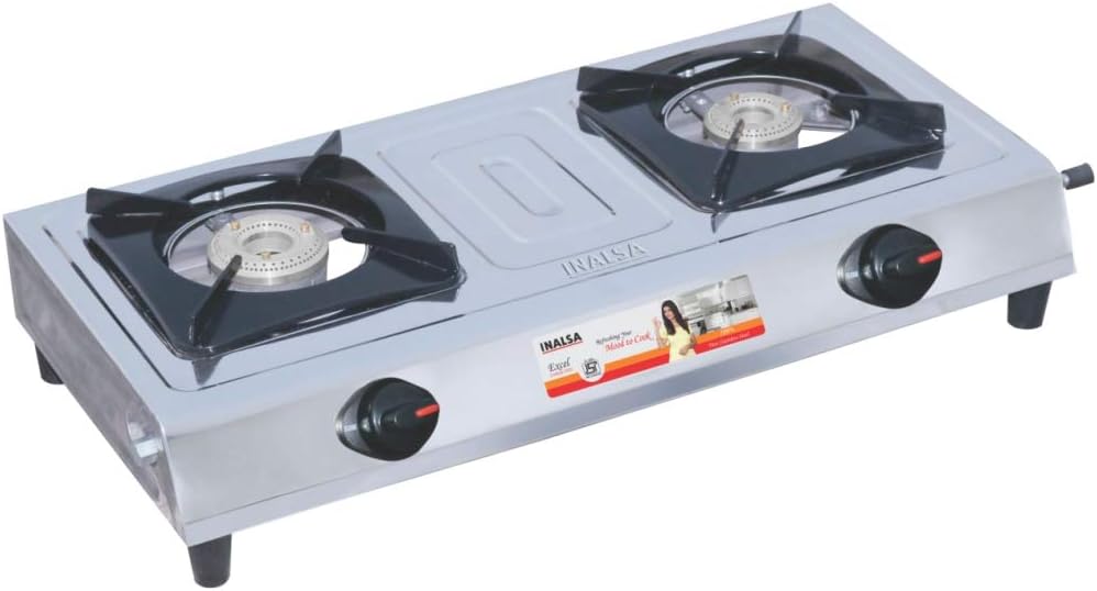 Inalsa Excel Stainless Steel 2 Burner Gas Stove, Manual Ignition, Silver/Black