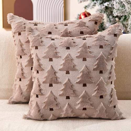 Image of Allorry Christmas Pillow Covers 16x16 inch Set of 2 Grey Christmas Decorations Soft Plush Faux Fur Wool Christmas Tree Throw Pillow Cases Winter Holiday Decor for Sofa Living Room PT002I16