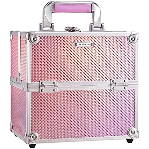 Frenessa Makeup Train Case Cosmetic Organizer Case Portable Travel Storage Box 4 trays with Dividers Lockable Make Up Case for Makeup Artist, Nail Tech, Crafter Makeup Tools Makeup Toiletry Case Cover