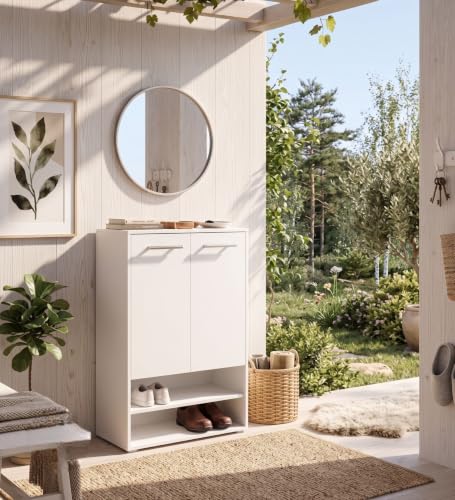 Image of Spyder Craft Engineering Wood Shoe Cabinet for Home, Double Door Shoe Rack with Multiple Shelves, Space Saving Shoe Organizer for Entryway, Living Room & Bedroom, White, DIY Assembly
