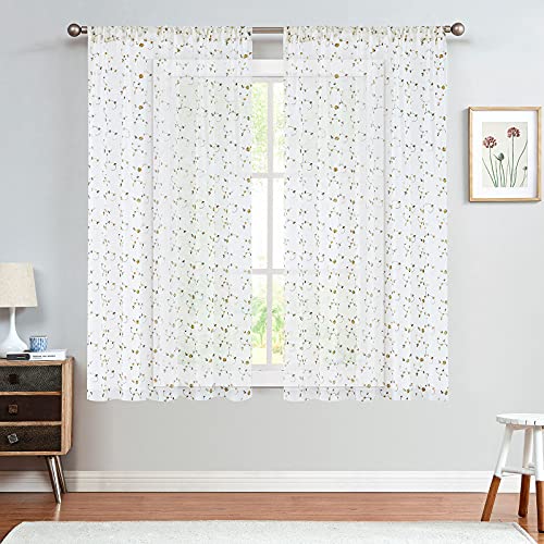 jinchan Sheer Curtains for Living Room Bedroom Boho Blue Curtains Embroidered Bordered Farmhouse Bohemian Voile Drapes 63 Inches Long Rod Pocket 2 Panels Blue on White