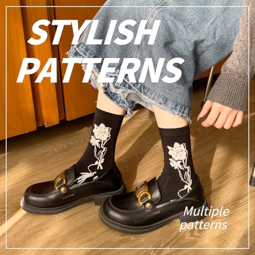 Mottee&Zconia Women's Crew Socks,Over the Ankle,Cute Floral Socks,Cotton White Black Socks,5pack(Size5-9)4