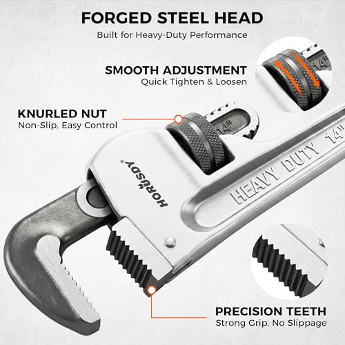 Image of HORUSDY 4 Pack Adjustable Pipe Wrench Set, 8 inch, 10 inch, 12 inch, 14 inch Heavy-Duty Plumbing Wrench with Anti-Slip Jaws