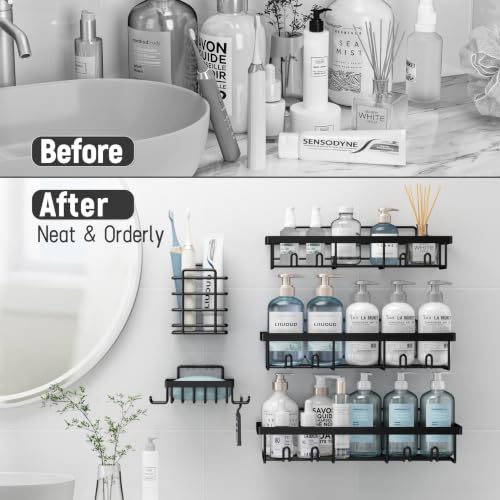 Image of Liuoud Shower Caddy 5 Pack XL-Size Adhesive Stainless Steel Organizer | XL Capacity, With Strong Adhesive, Rustproof, No Drilling Wall Mount Shelvs For Daily Bathroom Organization Decor Set, Black