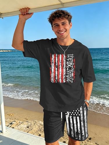 Image of Ithalt Patriotic Shirts for Men 4th of July Outfit 2 Piece Set Short Sleeve and Shorts American Flag 250th Anniversary