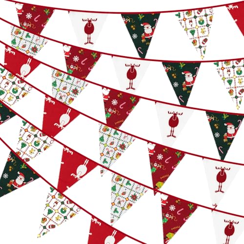 36PCS Red and Green Fabric Christmas Bunting Banner Xmas Pennants Banner Triangle Flag Vintage Xmas Bunting Christmas Parties Decoration for Fireplace Door Window Wall