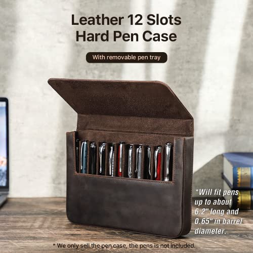 Catapurus Top Grain Genuine Leather 12 Pen/Pencil Tray Case Organizer, Solid Vintage Design No Logo, Handmade, Magnetic Closure With Drawer, Gift Chioce For Man/Woman/Office, Matte Coffee, 12 Slots #TOP3