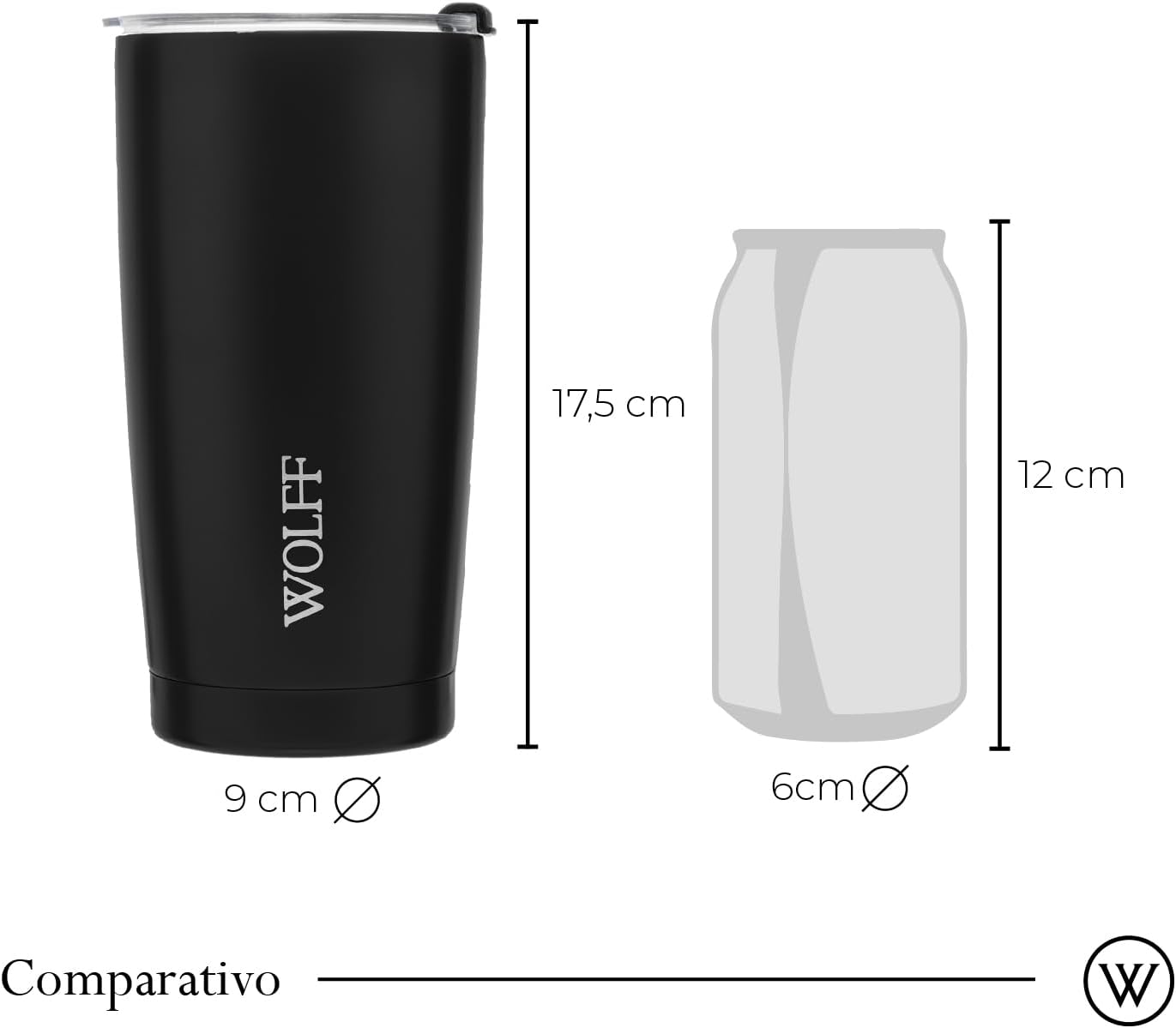 WOLFF - Copo Térmico de Aço Inox Parede Dupla Com Tampa 600ml Preto - Para Viagem - Mantém a Bebida na Temperatura Ideal