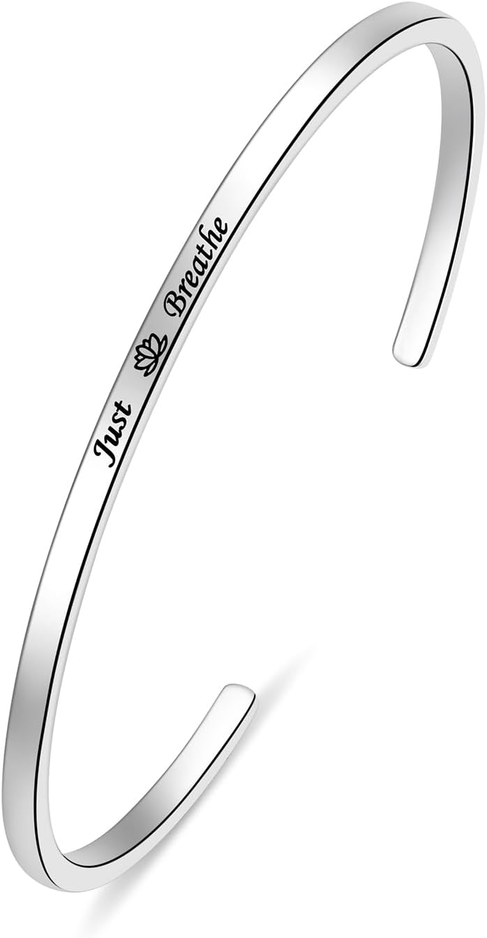 Just Breathe Yoga Bracelets Sterling Silver Lotus Flower Cuff Bangle Cute Inspirational Jewelry Birthday Gifts for Women